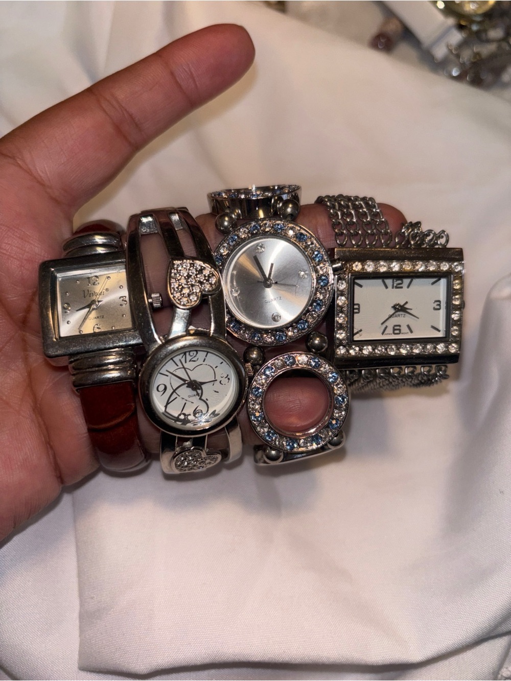 Y2K Watch Lot 4-Piece Set Silver Rhinestone Heart & Brown Leather Cuf-As Is